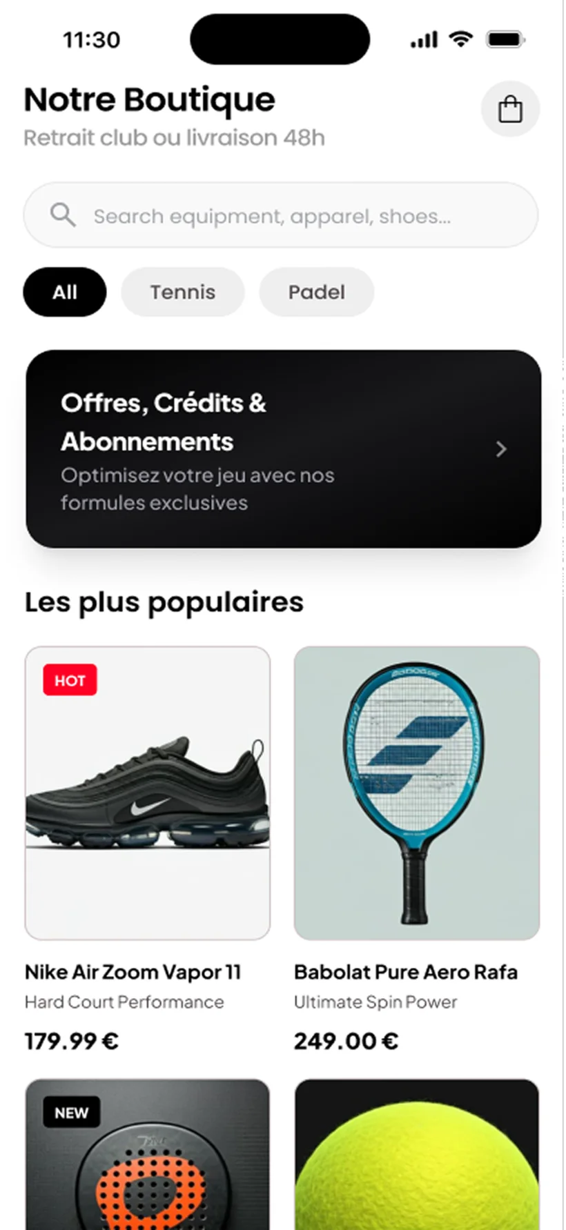 Boutique du club dans l’app Pandook, pro shop et locations
