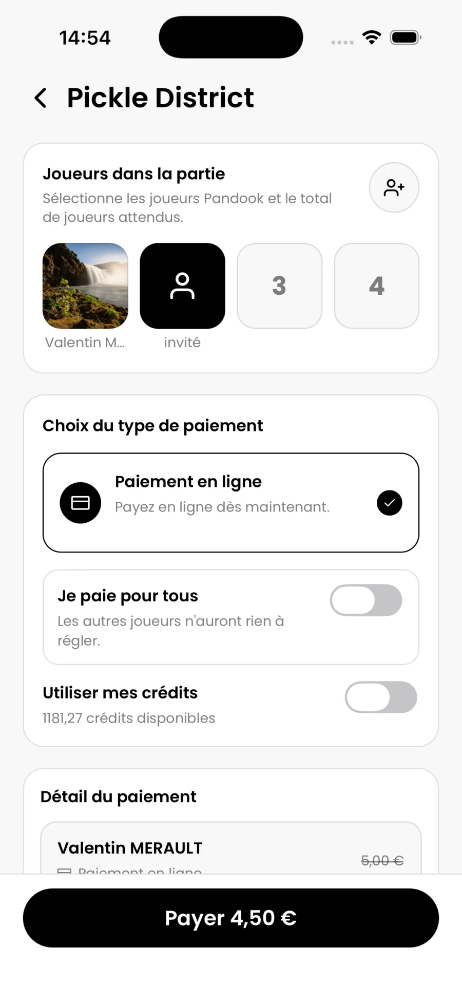 Choix du type de paiement et paiement partagé dans l’app Pandook