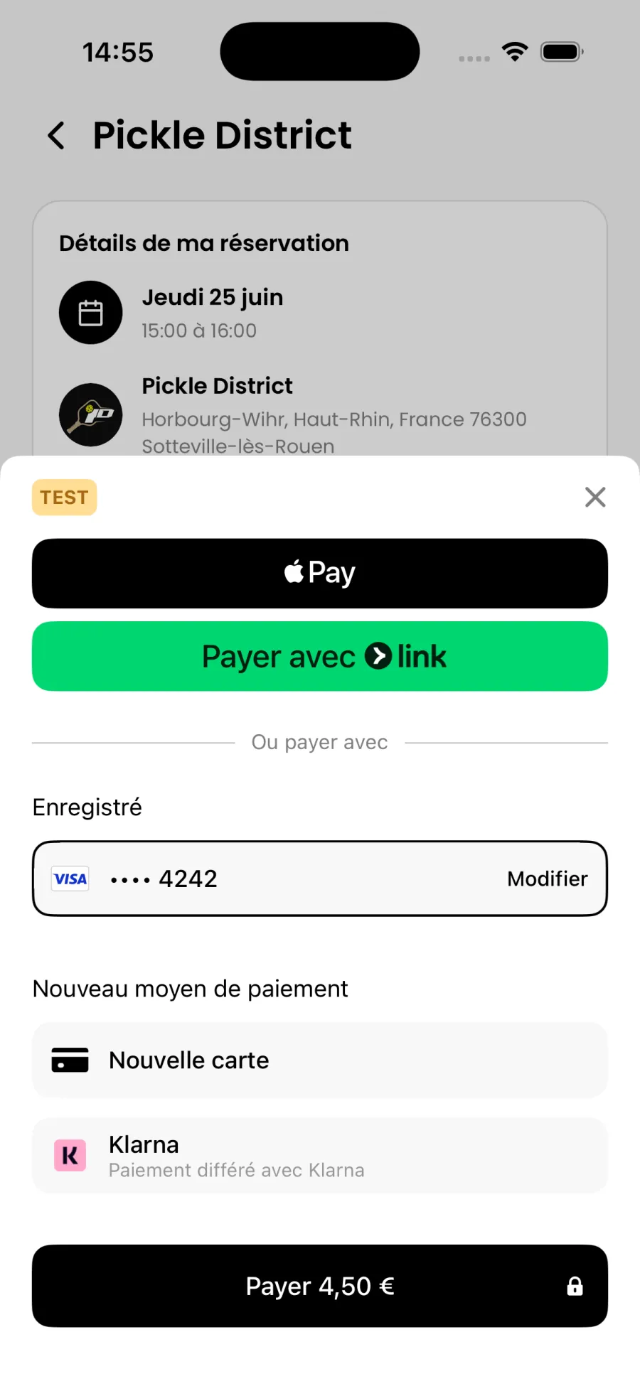 Paiement sécurisé Apple Pay, carte et Klarna dans l’app Pandook