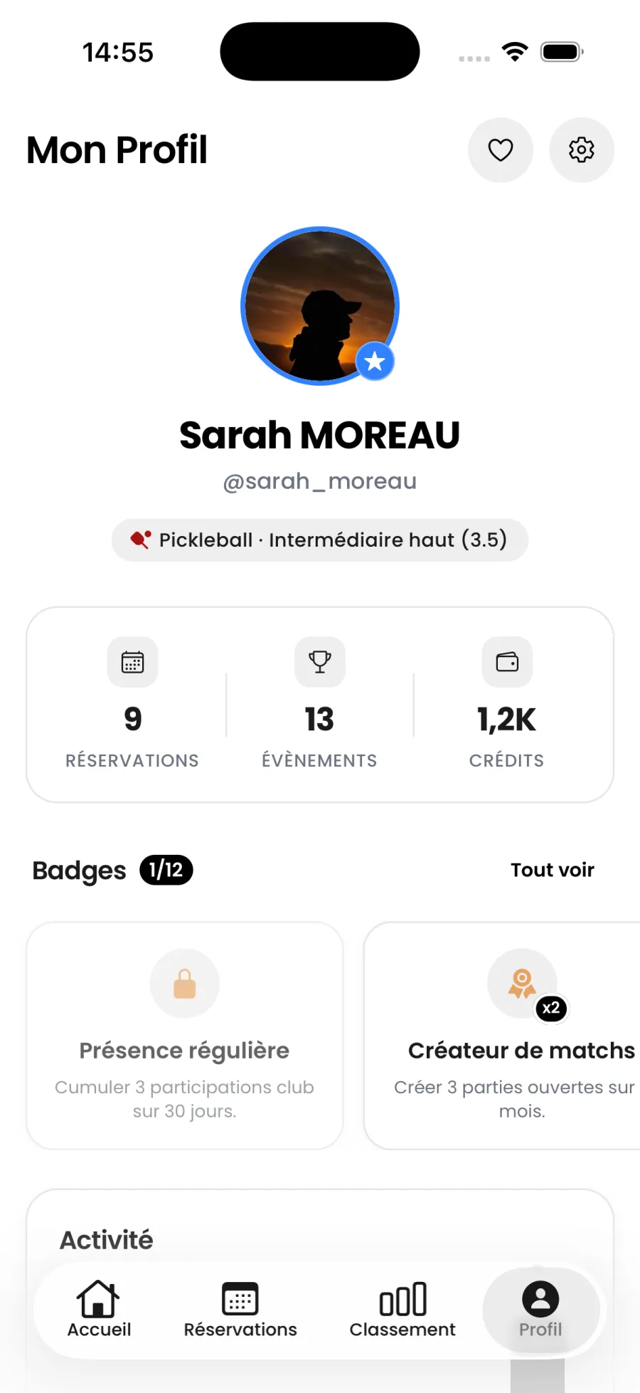 Profil joueur dans l’app Pandook, niveau, badges et crédits
