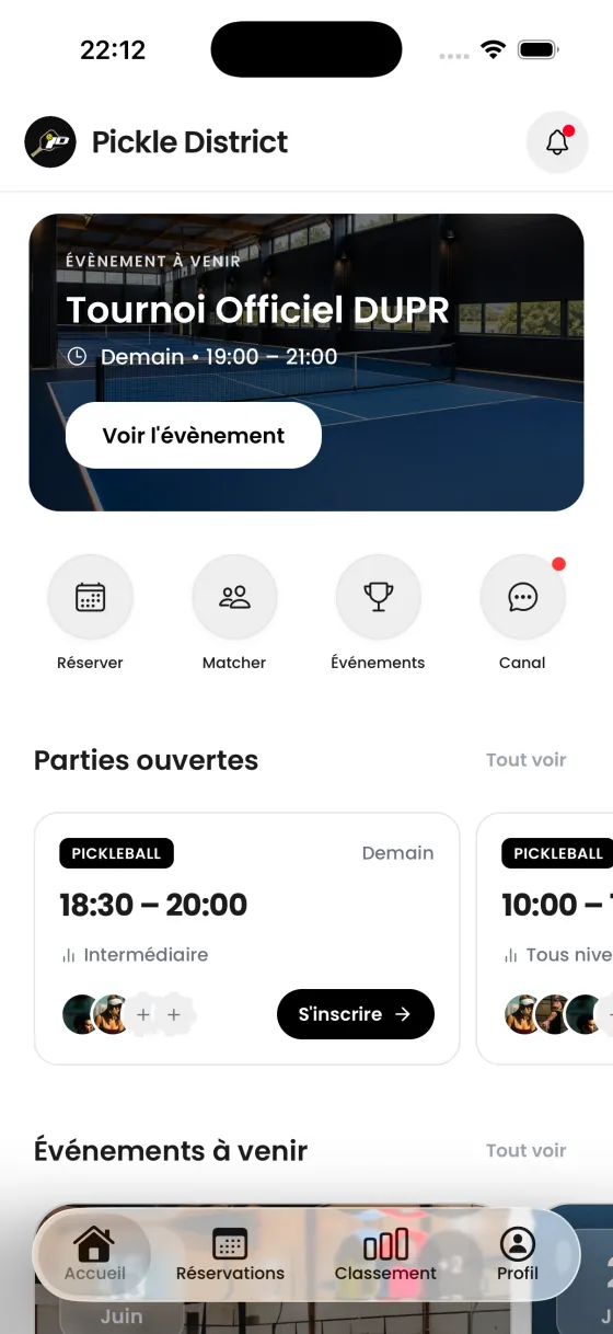 Application joueur Pandook, accueil du club Pickle District
