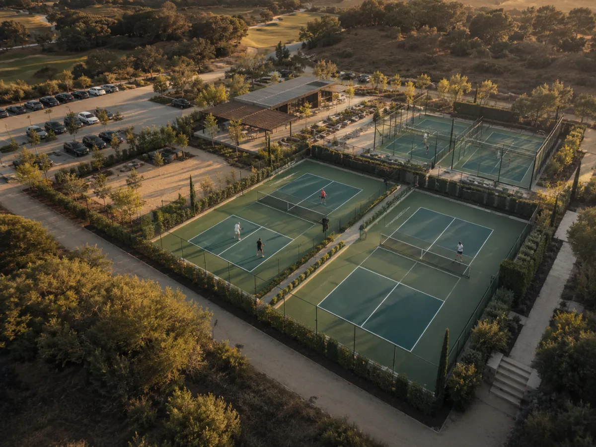Club de pickleball et padel vu du ciel à l’heure dorée