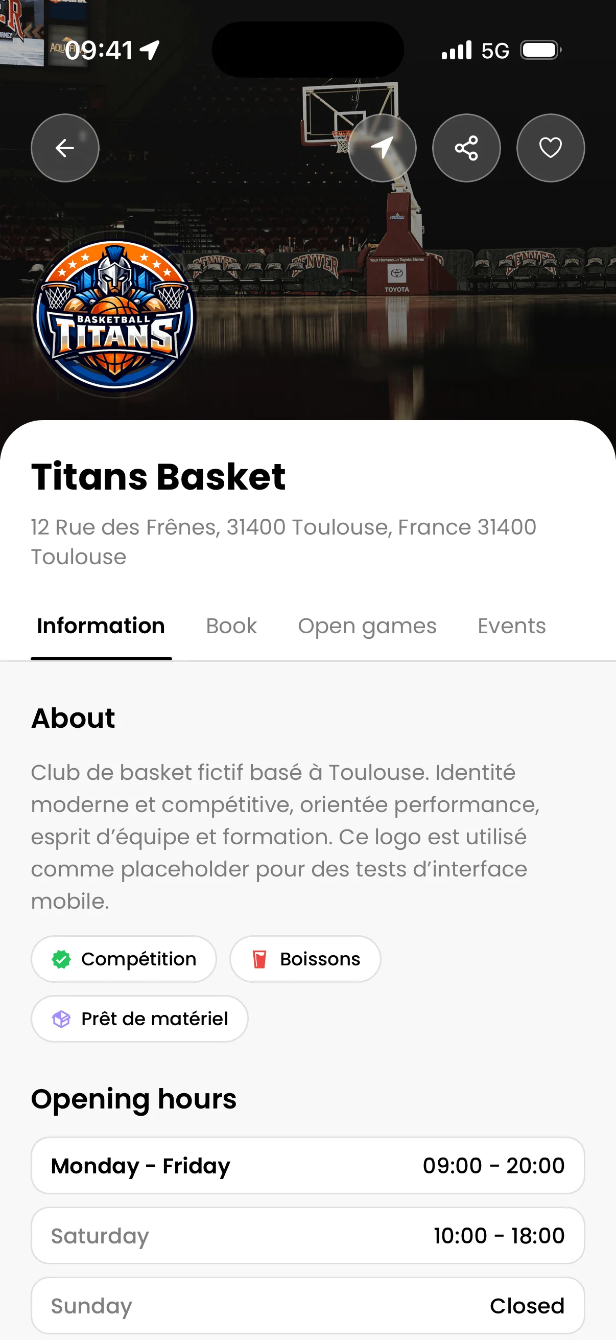 Interface mobile de réservation basket pour les joueurs et équipes