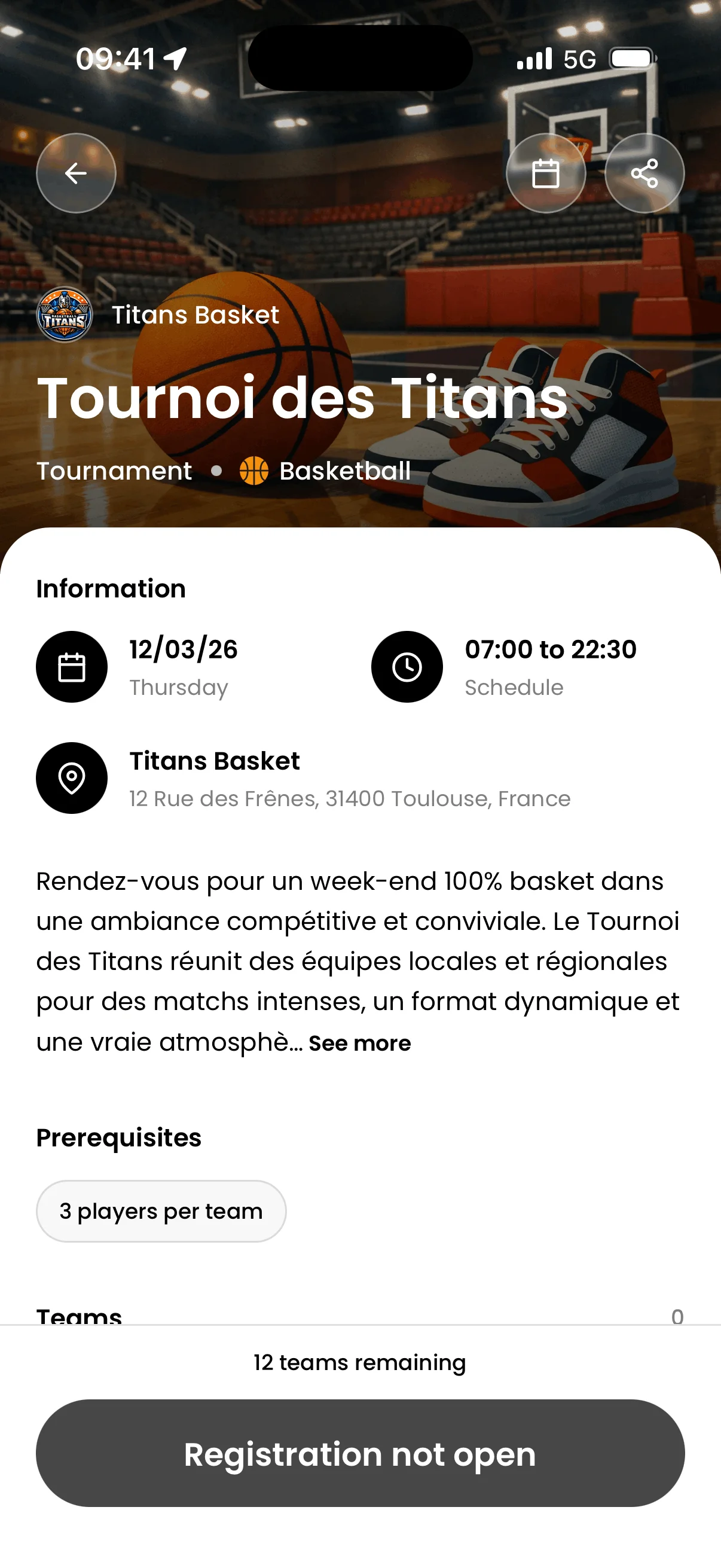 Application mobile basket avec inscription