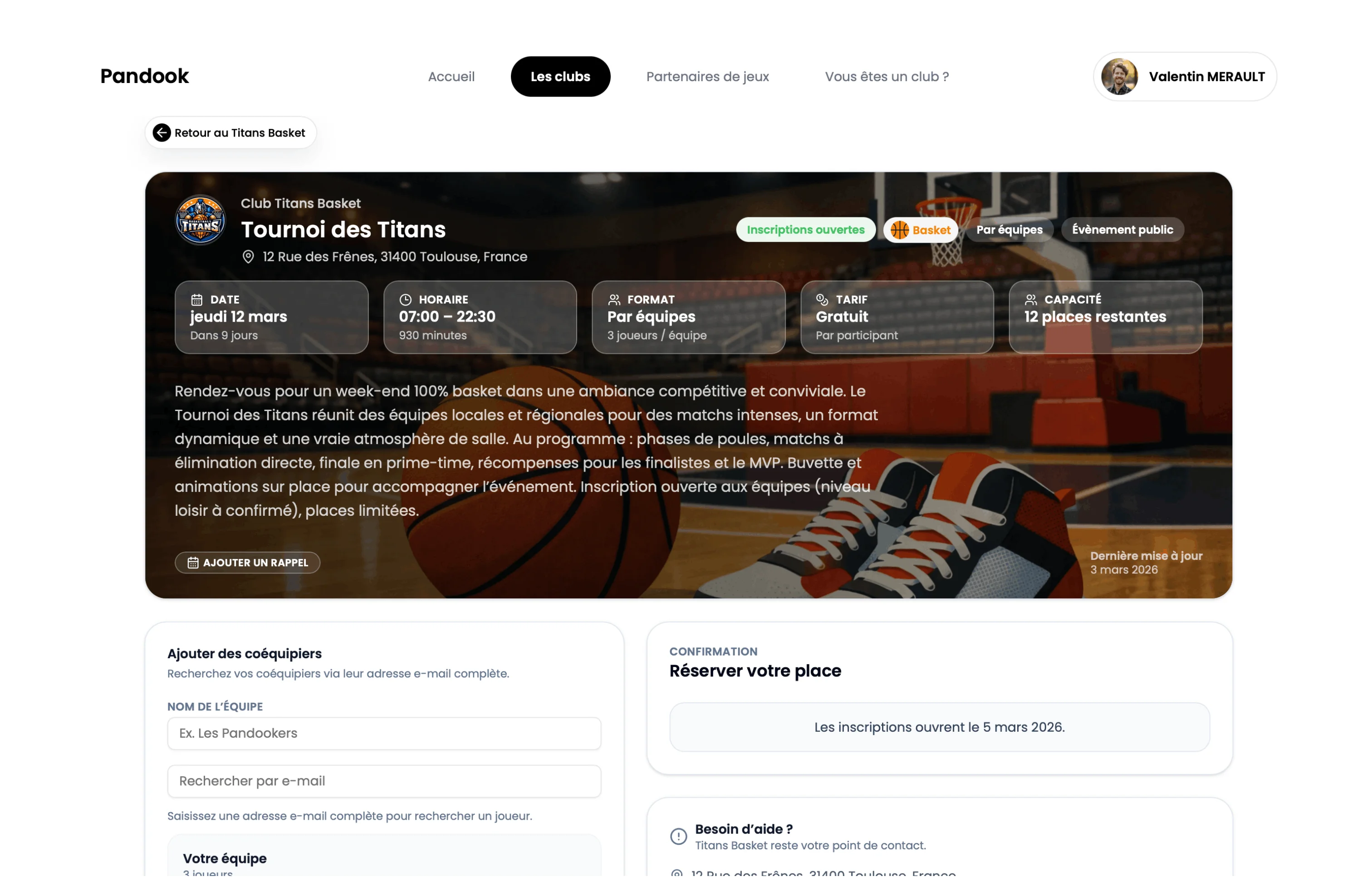 Page web basket avec inscription et réservation