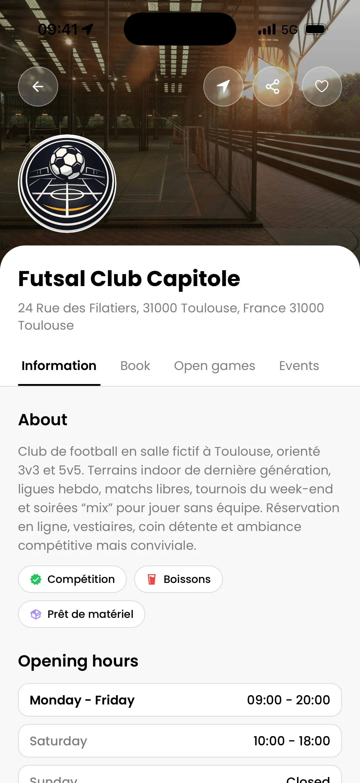 Interface mobile de réservation foot salle pour les joueurs