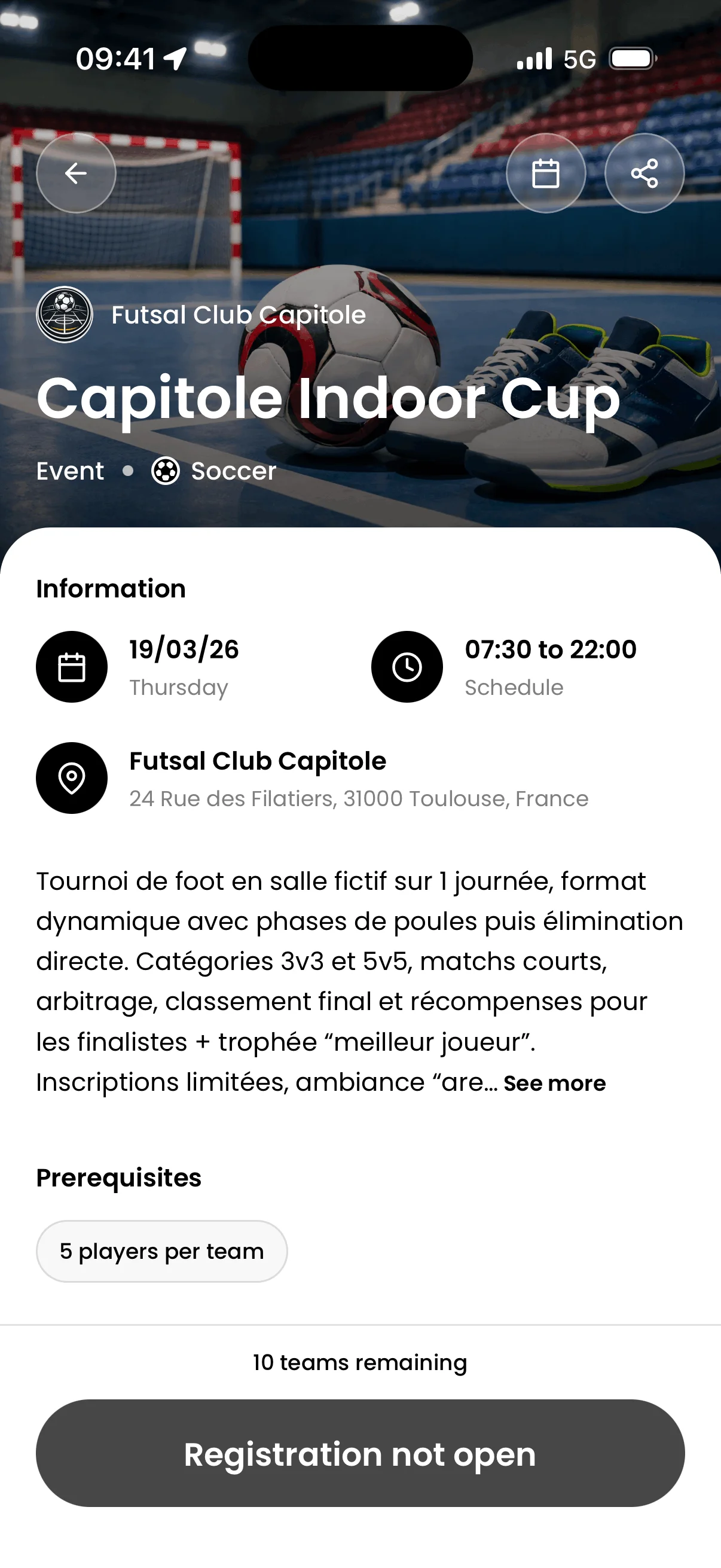 Application mobile foot salle avec inscription