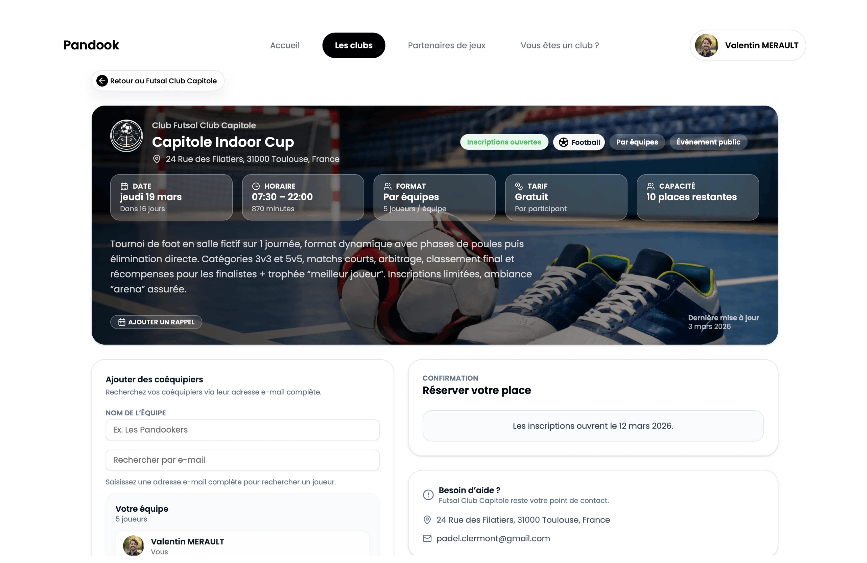 Page web foot salle avec inscription et réservation
