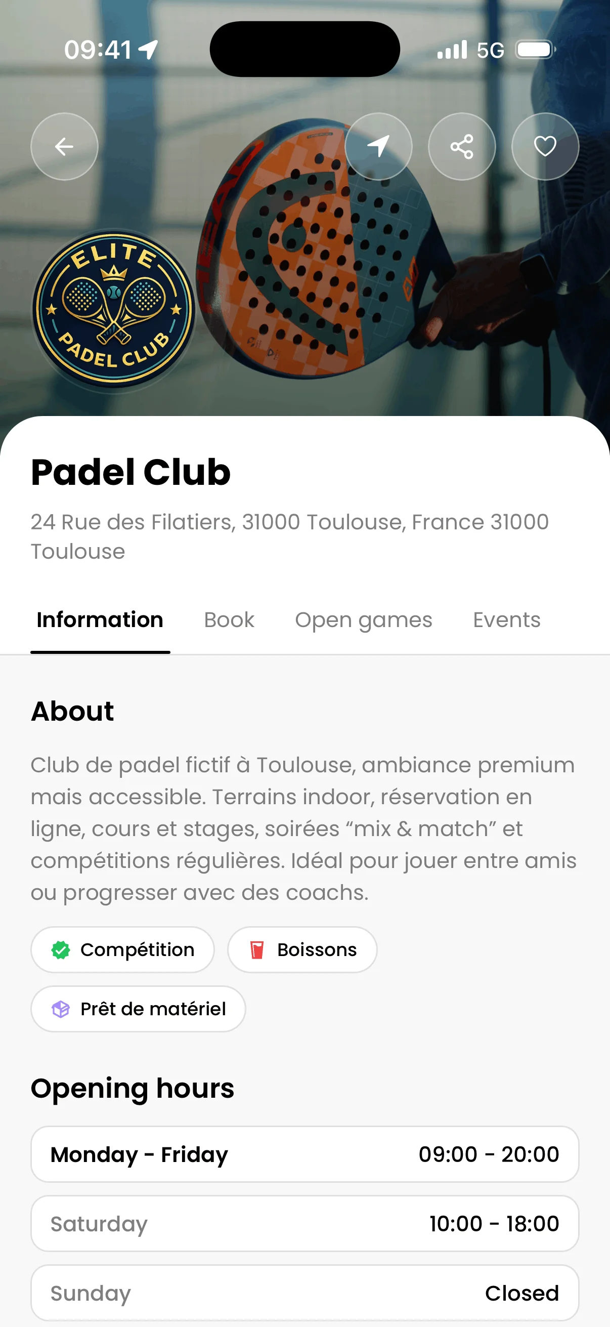 Interface mobile de réservation padel pour les joueurs