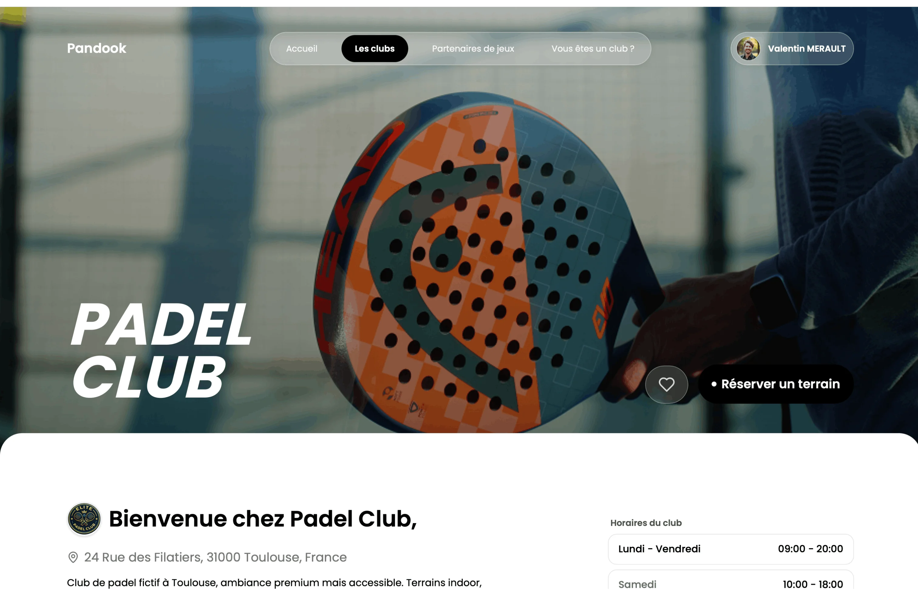 Interface web du club padel