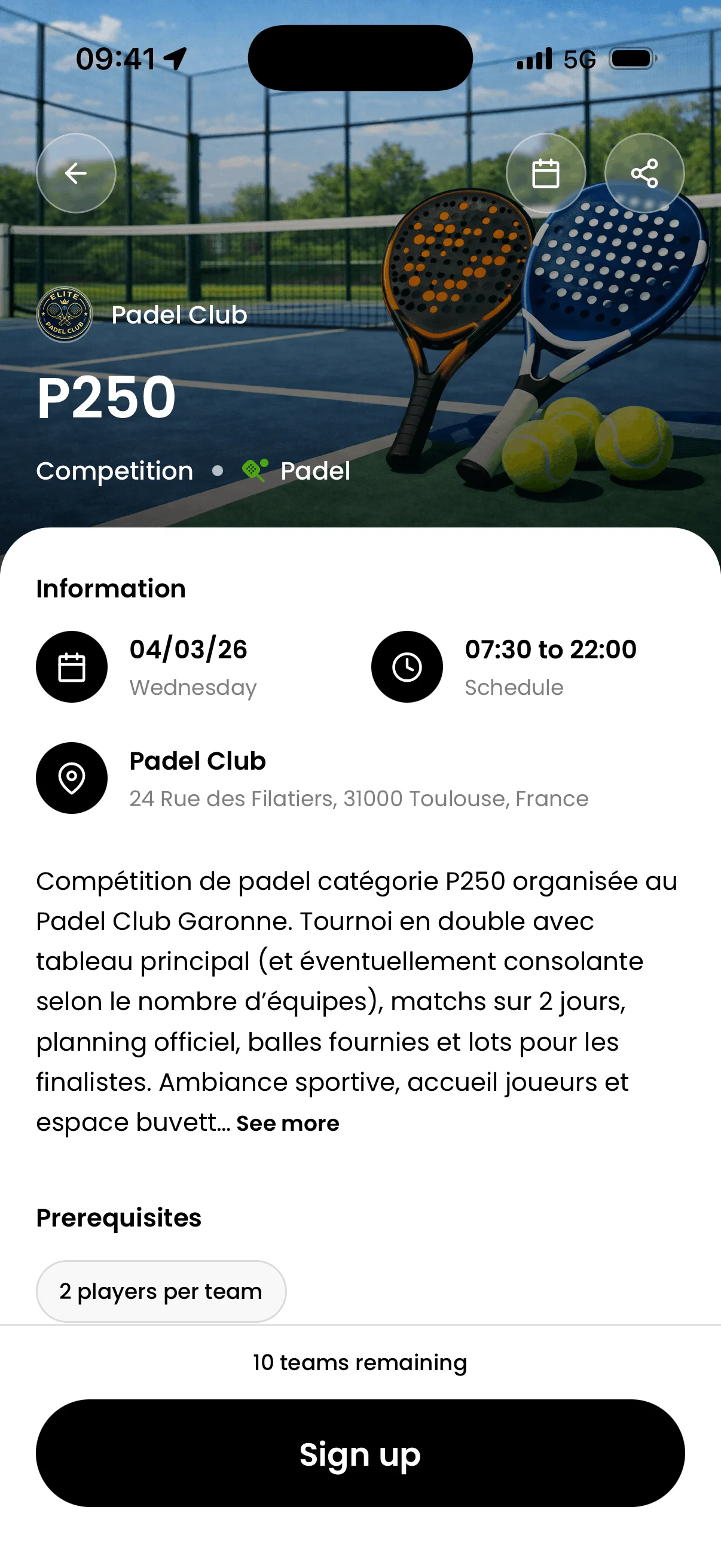 Application mobile padel avec inscription
