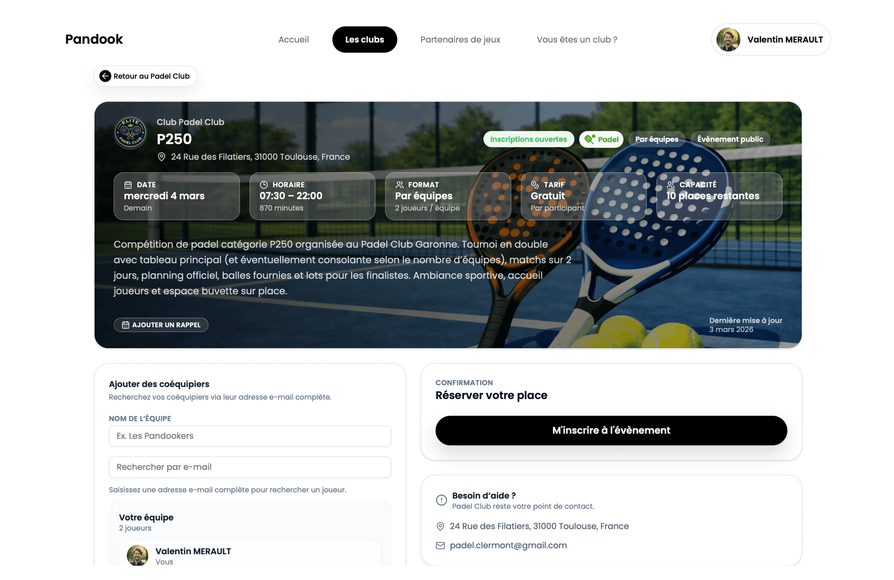 Page web padel avec inscription et réservation