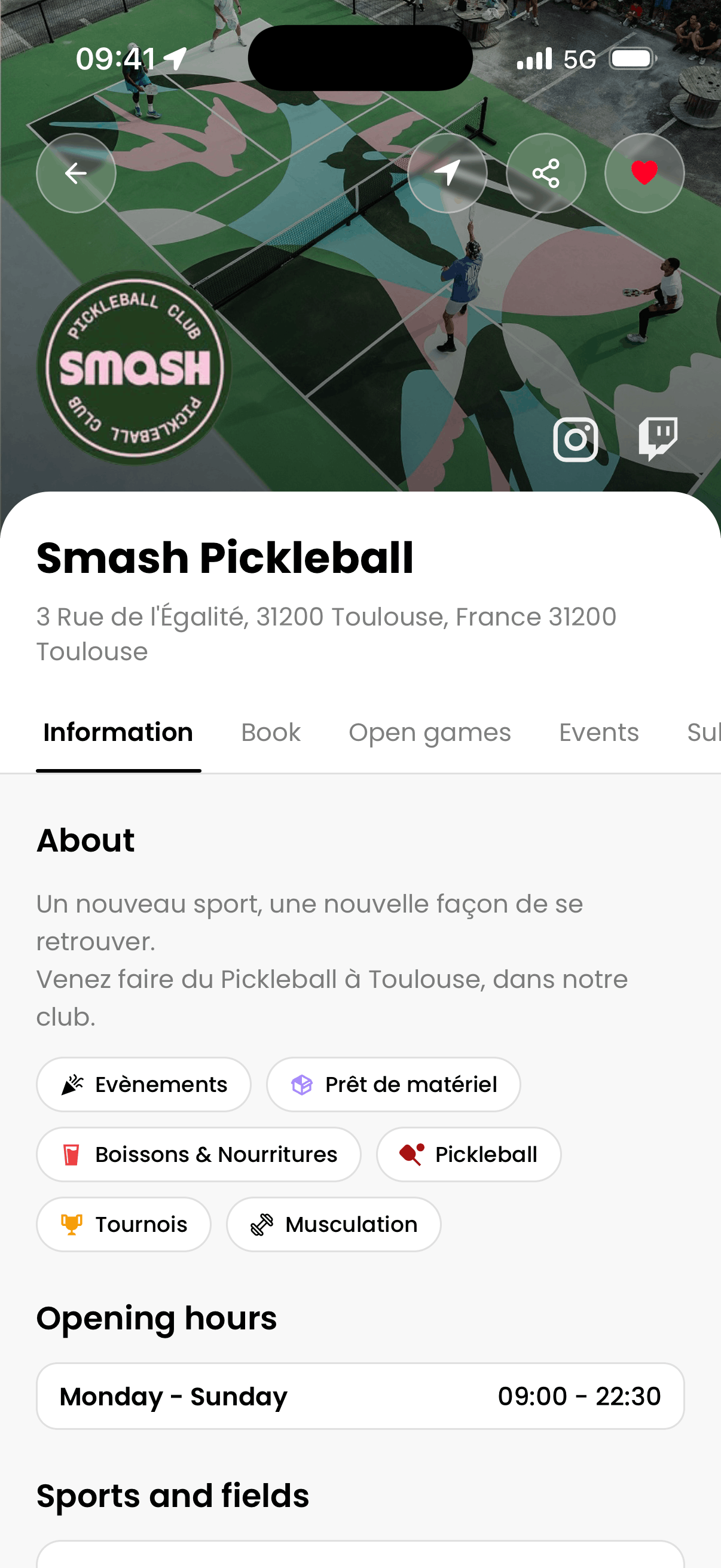 Interface mobile de réservation pickleball pour les joueurs du club