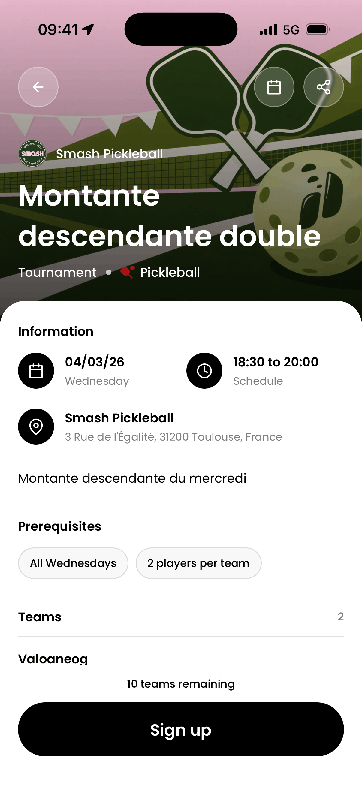 Application mobile tournoi pickleball avec inscription