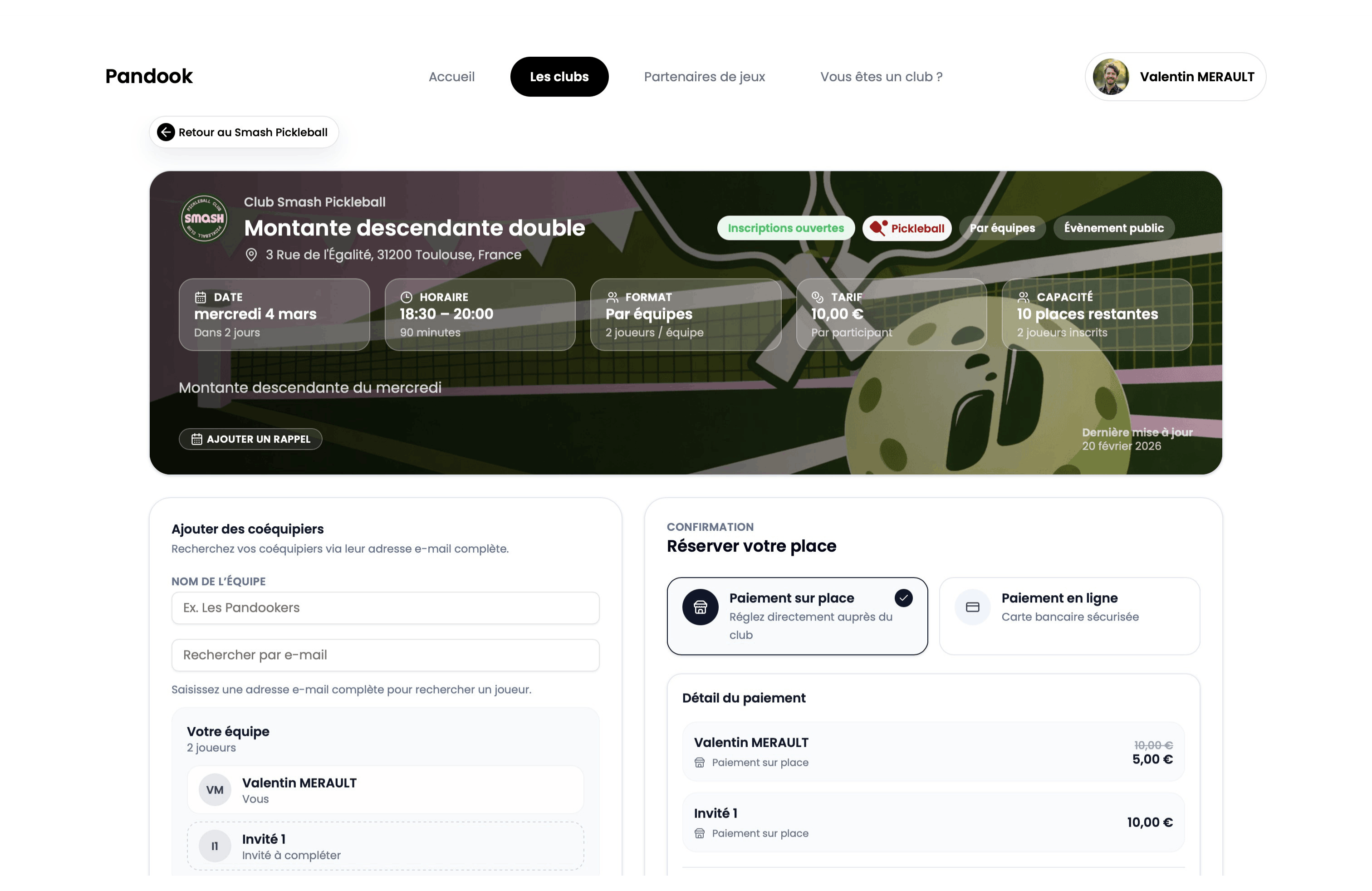 Page web tournoi pickleball avec inscription et paiement
