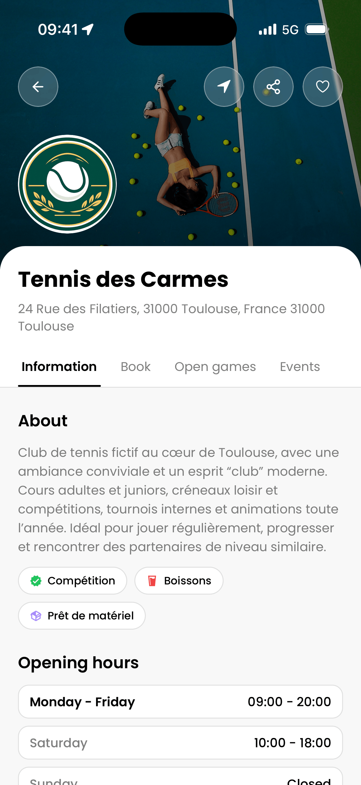 Interface mobile de réservation tennis pour les joueurs