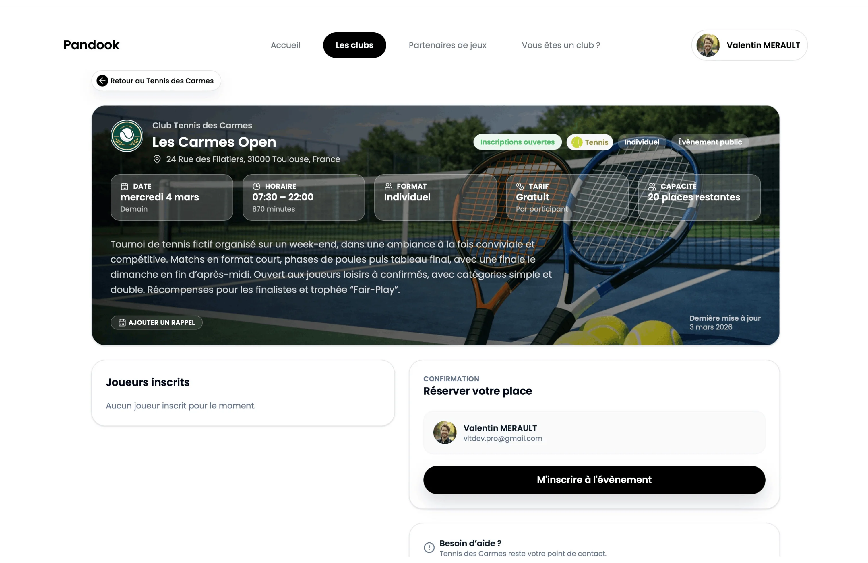 Page web tennis avec inscription et réservation